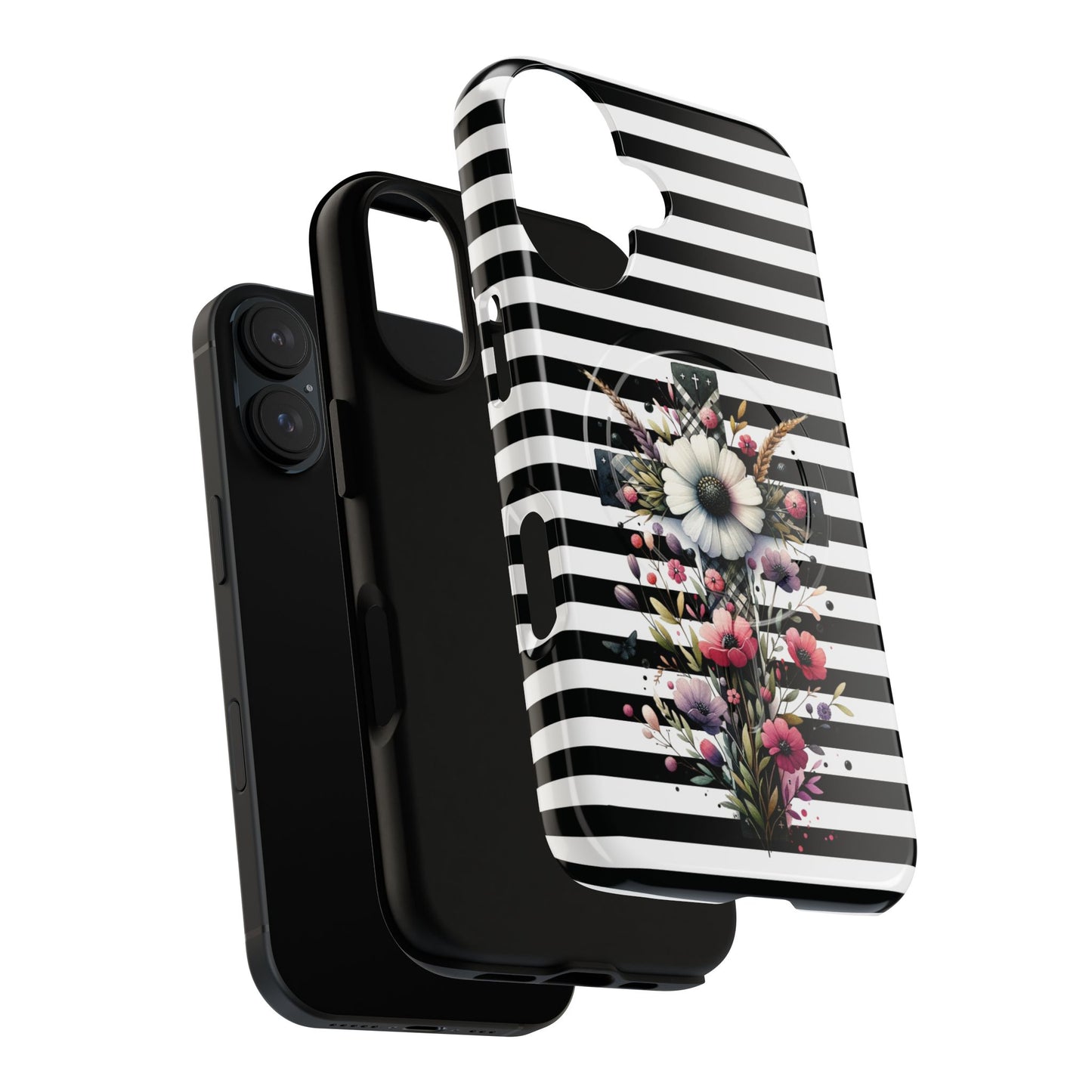 Faith in Bloom Tough iPhone Magnetic Case, iPhone Accessories, Floral iPhone Cover, Durable Cases for Gifts, Black and White Stripes