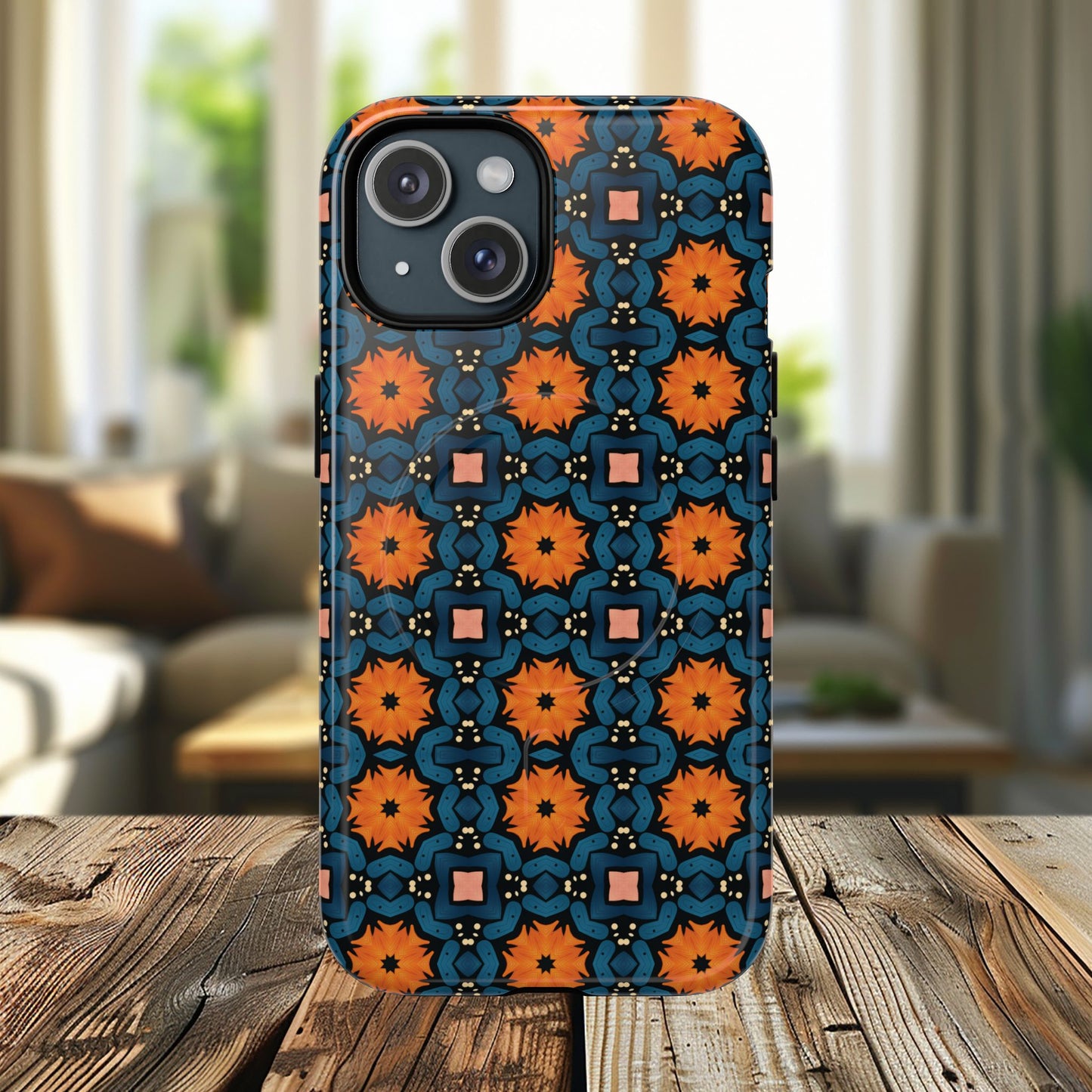 Saffron Tile Bloom Vibrant Floral Tough Magnetic iPhone Case, Durable iPhone Cover, Gift for Her, Floral Design, Unique iPhone Protection.