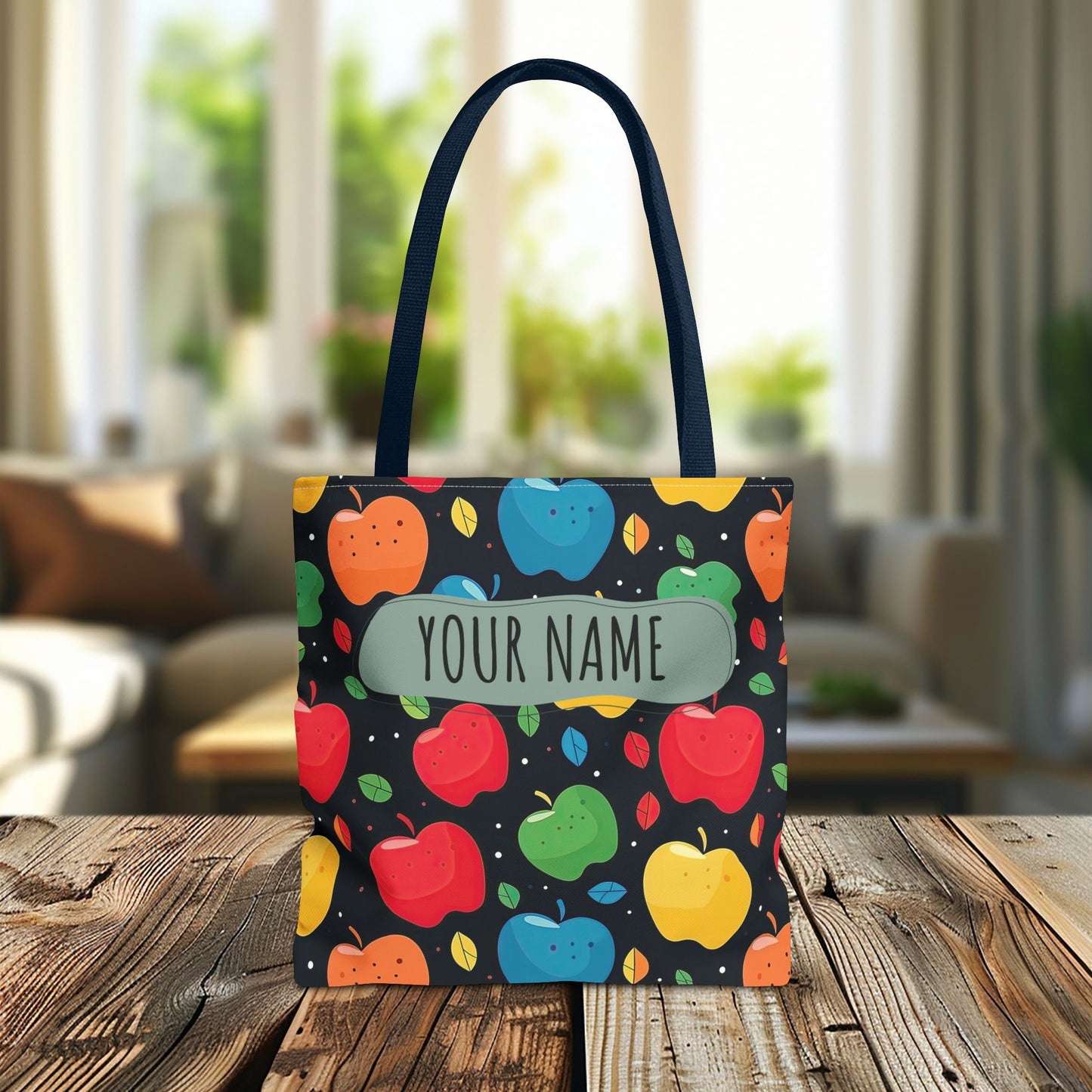 All-Over Apple Print Personalized Tote Bag — Durable Everyday Carry (3 Sizes, 5 Handle Colors)