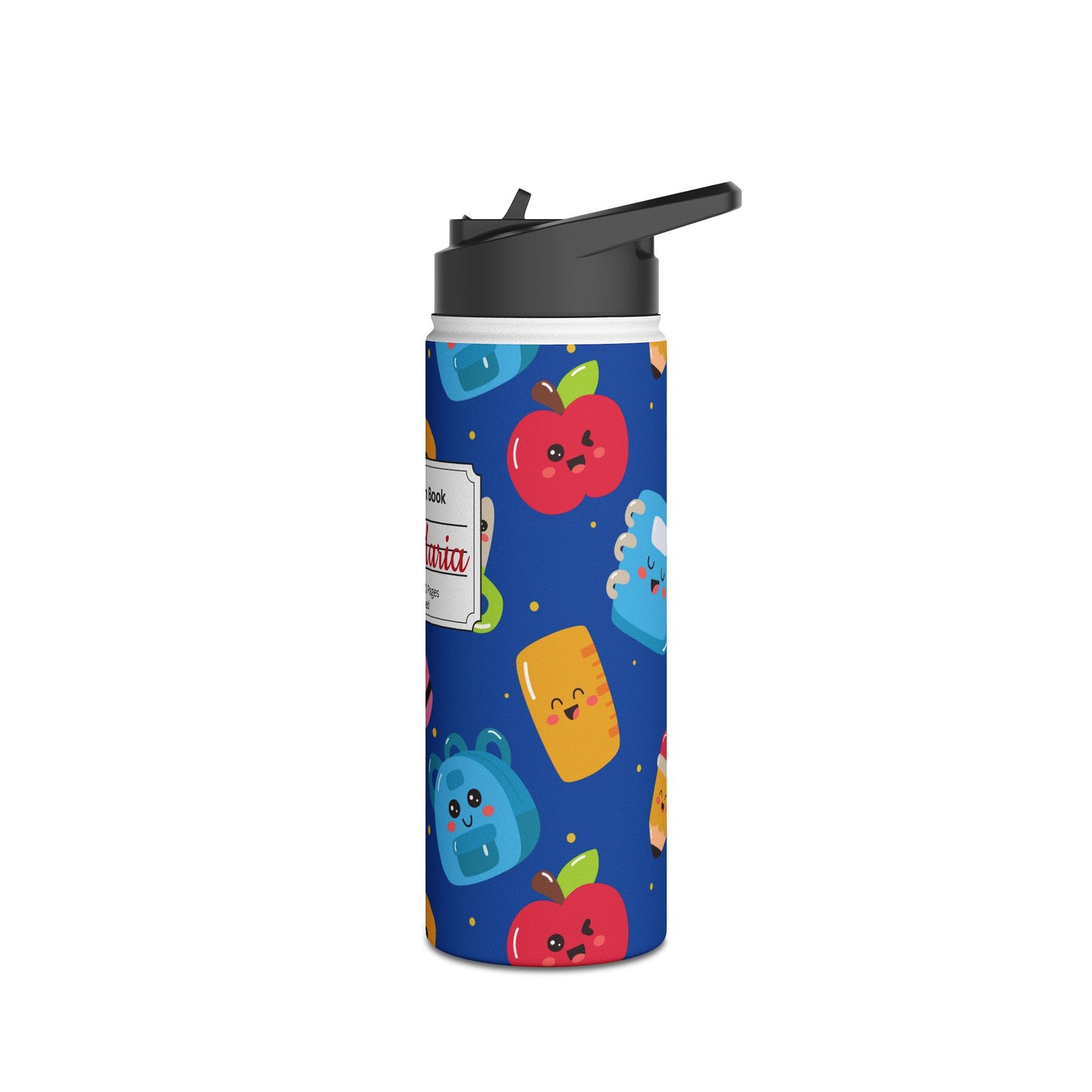 Personalized Blue Kawaii Composition Book Inspired Stainless Steel Water Bottle for Kids, School Supplies, Eco-Friendly Drinkware, Back to School, Teacher Gifts