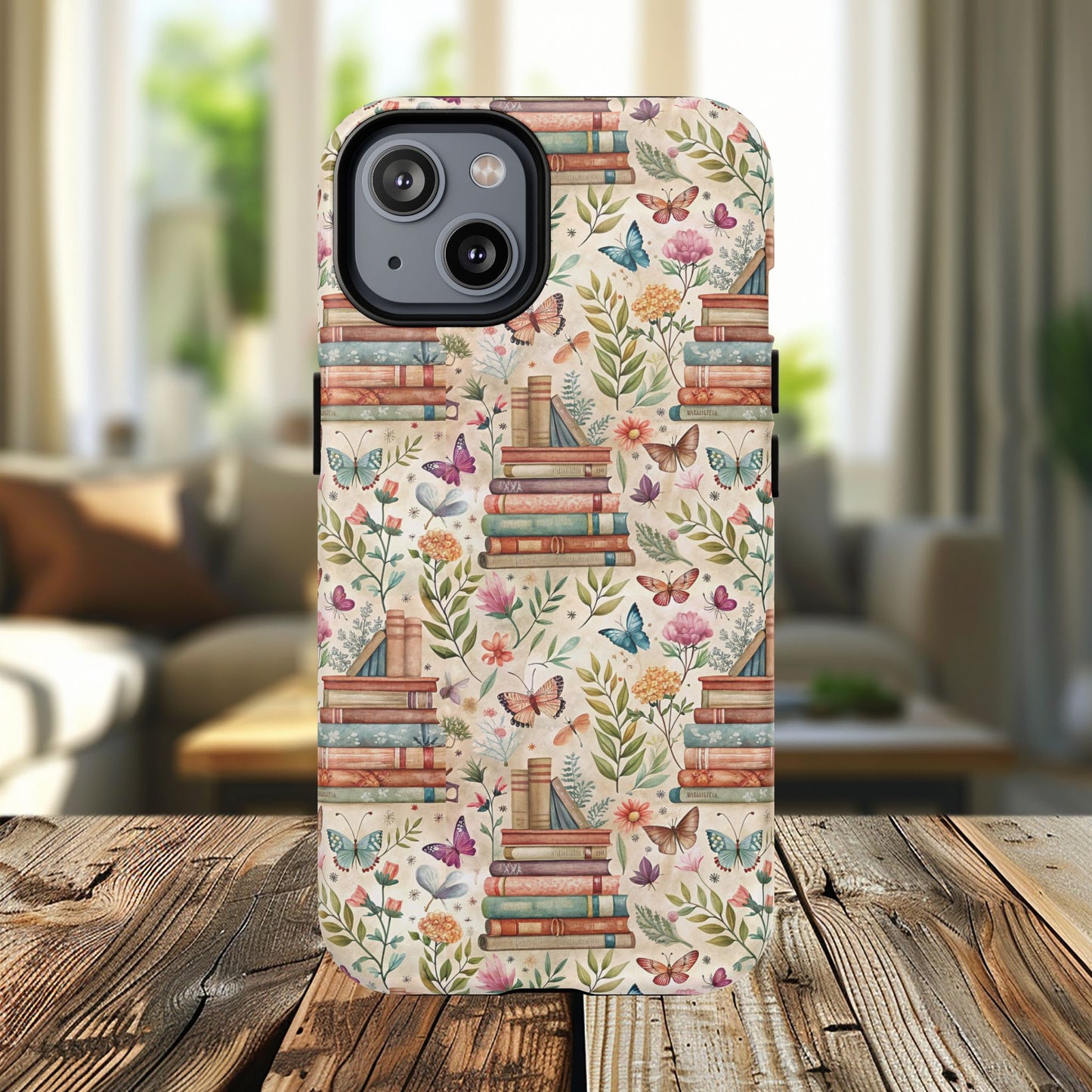 Colorful Bookworm Tough Magnetic iPhone Case,  Floral Butterfly Print, Gift for Readers, Tough IPhone Protective Cover, Bookish iPhone Case.