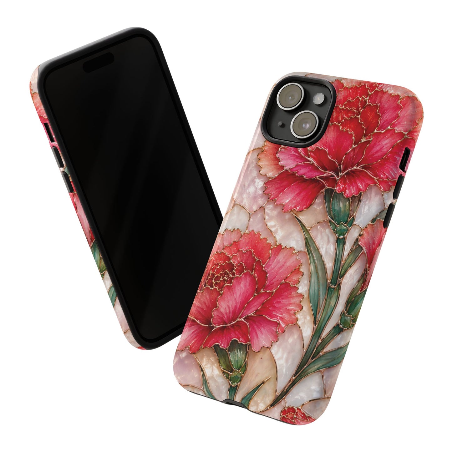 Stained Glass Effect Carnation Floral Tough Phone Case – Pink Vintage Botanical Protective Cover