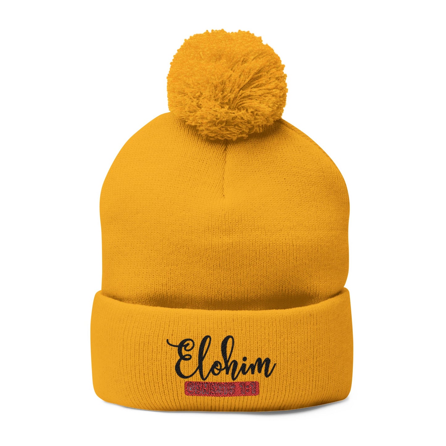 Pom-Pom Knit Cap with 'ELOHIM, GENESIS 1:1'  Embroidery Beanie - Stylish Winter Accessory for All Ages, Perfect Gift for Birthdays, Holidays, and Outdoor Activities