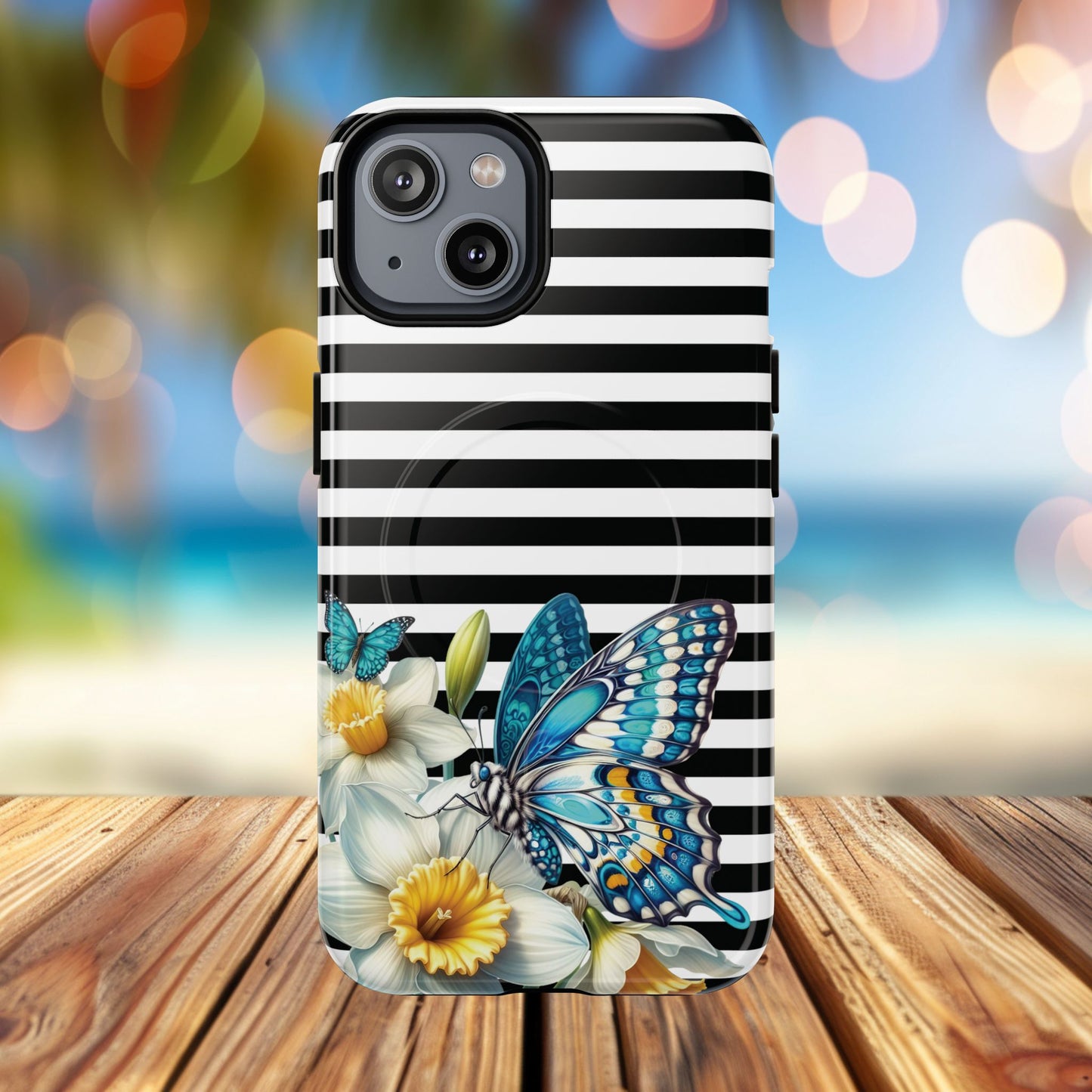 Daffodil Flutter Tough iPhone Magnetic Case, Floral iPhone Accessories, Stylish iPhone Cover, Black Striped Design, Gift for Her, Trendy iPhone