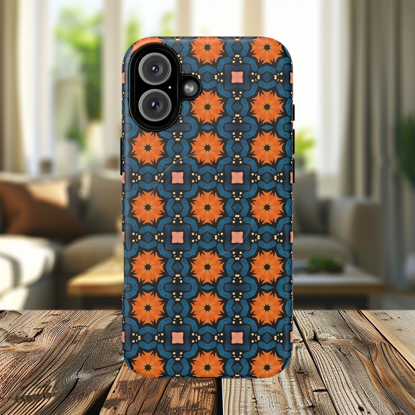 Saffron Tile Bloom Vibrant Floral Tough Magnetic iPhone Case, Durable iPhone Cover, Gift for Her, Floral Design, Unique iPhone Protection.