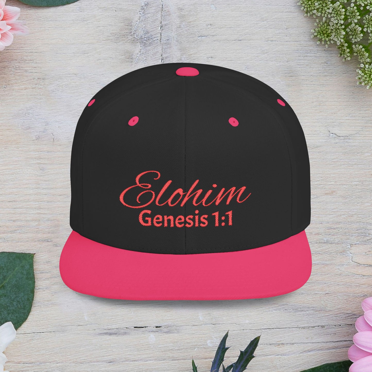 Red Embroidery 'ELOHIM, GENESIS 1:1' Flat Bill Snapback Hat, Stylish Cap for Everyday Wear, Church Events, Gift for Him/Her, Streetwear Accessory, Casual Fashion