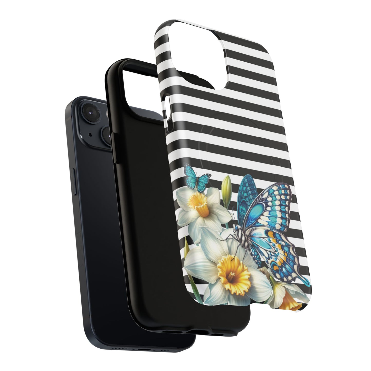 Daffodil Flutter Tough iPhone Magnetic Case, Floral iPhone Accessories, Stylish iPhone Cover, Black Striped Design, Gift for Her, Trendy iPhone