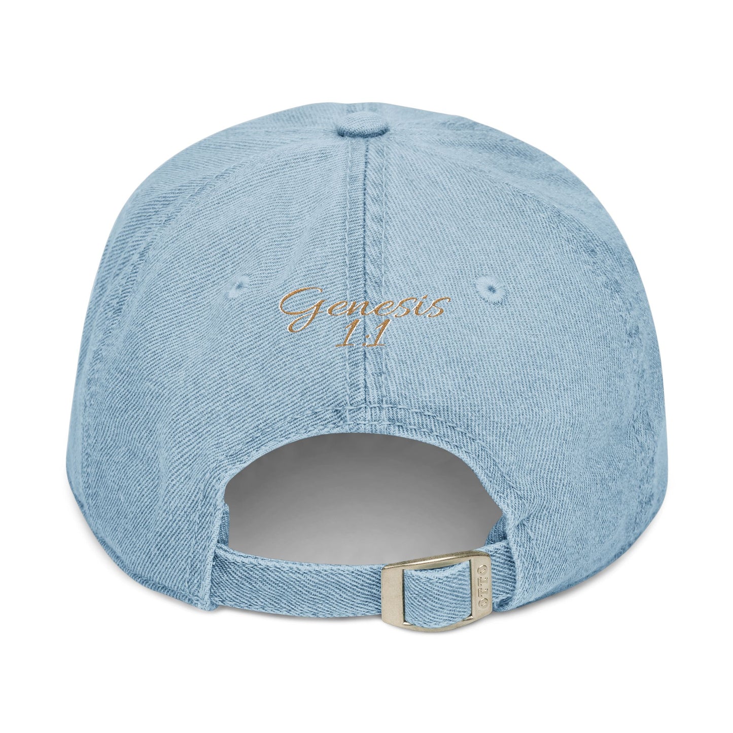 Denim 'ELOHIM, GENESIS 1:1' Hat (Embroidery), Stylish Casual Hat, Gift for Him/Her, Summer Accessory, Trendy Streetwear, Spiritual Fashion.