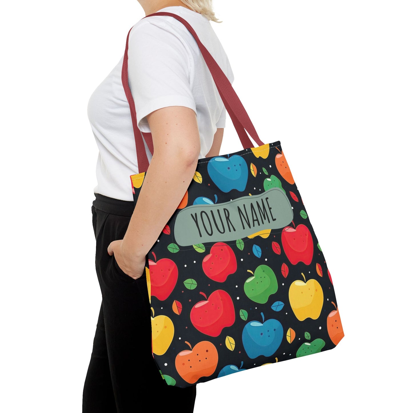 All-Over Apple Print Personalized Tote Bag — Durable Everyday Carry (3 Sizes, 5 Handle Colors)