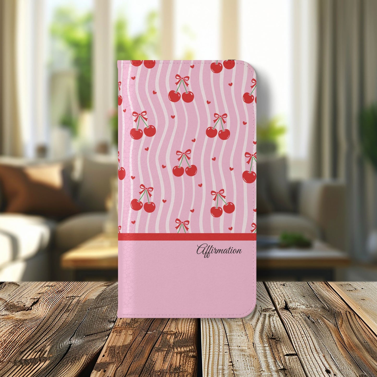 Personalized Cherry Blossom Dreams Flip iPhone and Samsung Cases — Wallet Folio with Name & Affirmation.