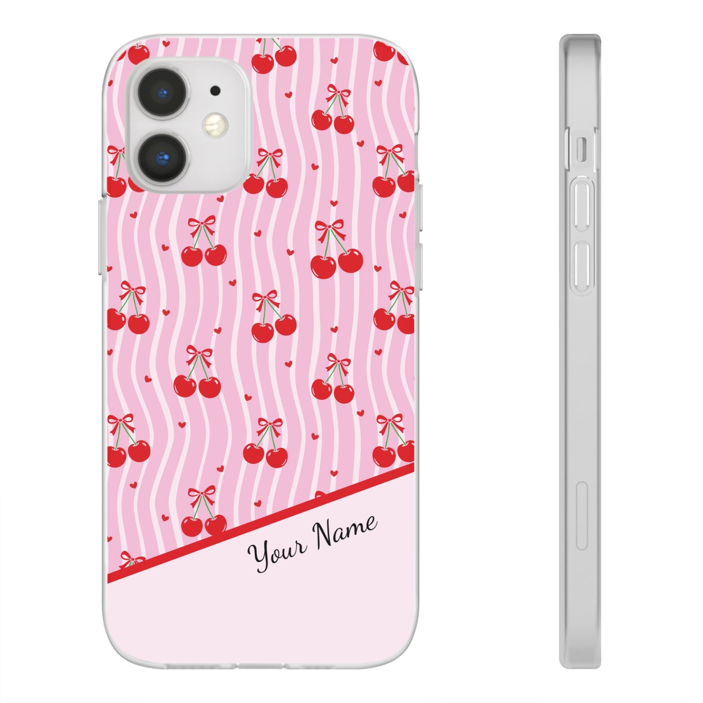 Personalized Cherry Blossom Dreams Flexi Case — Pink Retro Cherry iPhone® 7/8, 11, 12, 13, 14, 15, 16, 17, X/XS, SE, XR, Mini, Pro, Pro Max, Plus Cases.