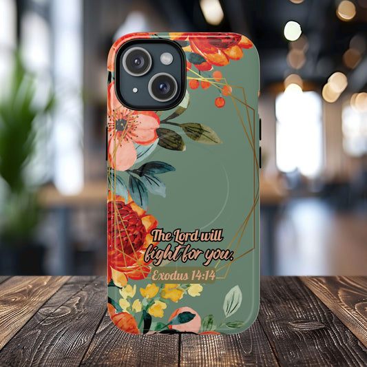 The Lord will Fight for You Exodus 14:14, Inspirational Gift, Tough iPhone Magnetic Case Scripture, Sunflower Bible Verse, MagSafe® iPhone® Tough Case, iPhone 14, iPhone 15, iPhone 16, Pro, Pro Max, Plus.
