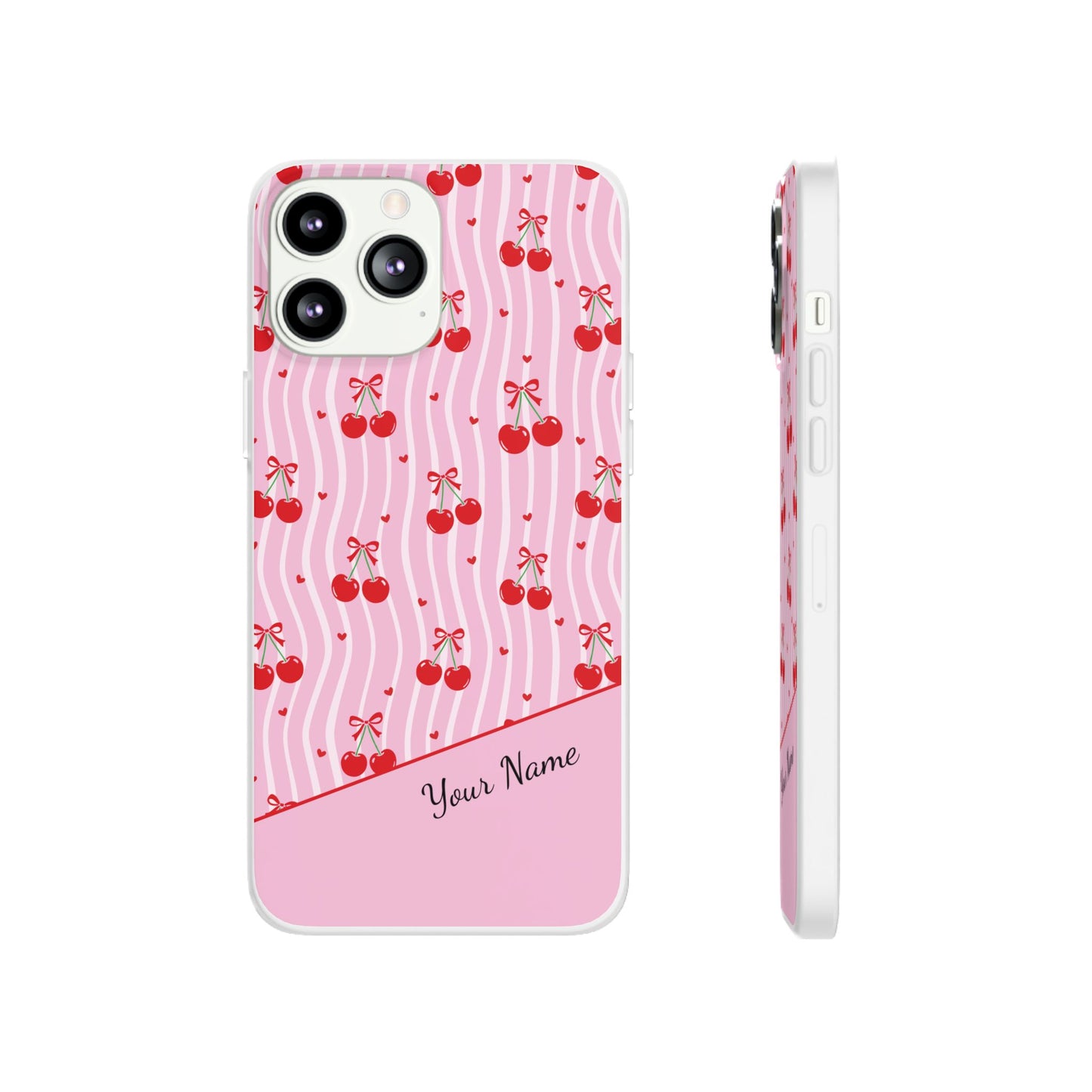 Personalized Cherry Blossom Dreams Flexi Case — Pink Retro Cherry iPhone® 7/8, 11, 12, 13, 14, 15, 16, 17, X/XS, SE, XR, Mini, Pro, Pro Max, Plus Cases.