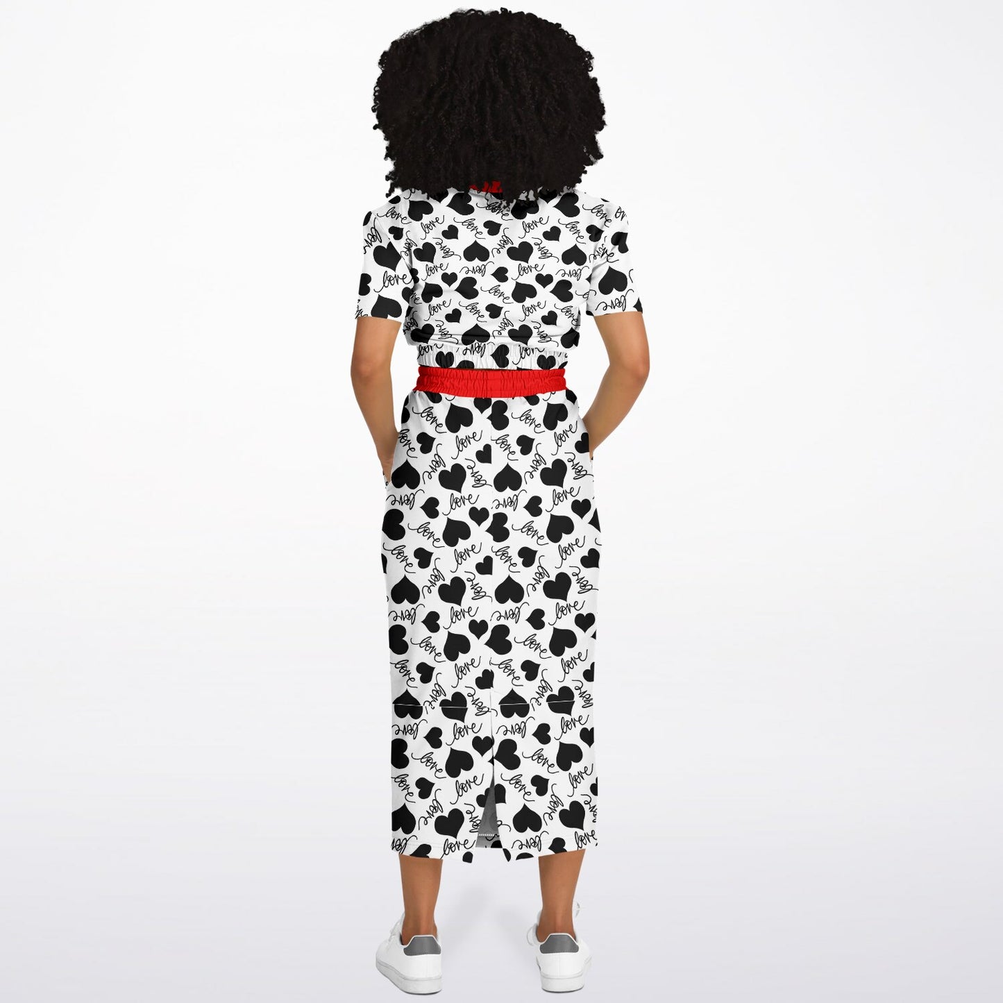 LOVE & HEARTS Athletic Cropped Short Sleeve Sweatshirt and Long Pocket Skirt Set – AOP