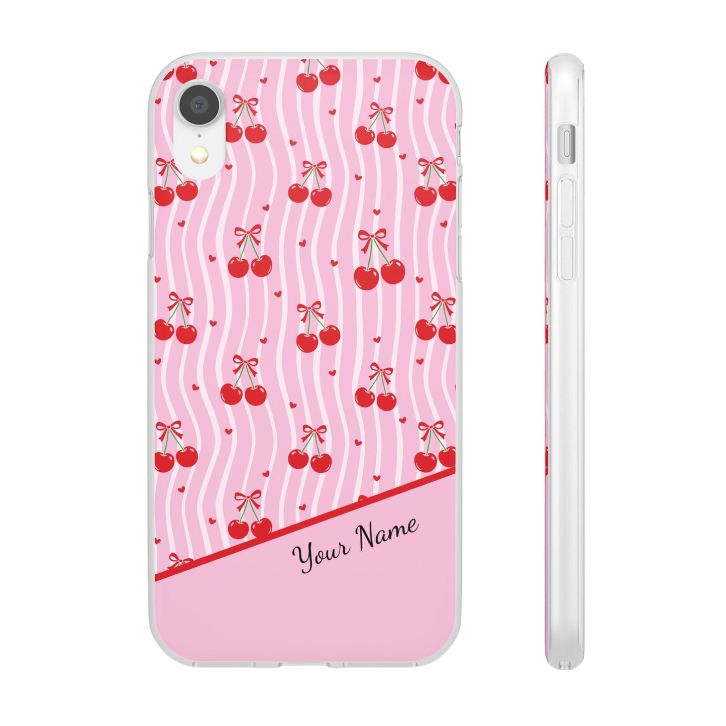 Personalized Cherry Blossom Dreams Flexi Case — Pink Retro Cherry iPhone® 7/8, 11, 12, 13, 14, 15, 16, 17, X/XS, SE, XR, Mini, Pro, Pro Max, Plus Cases.