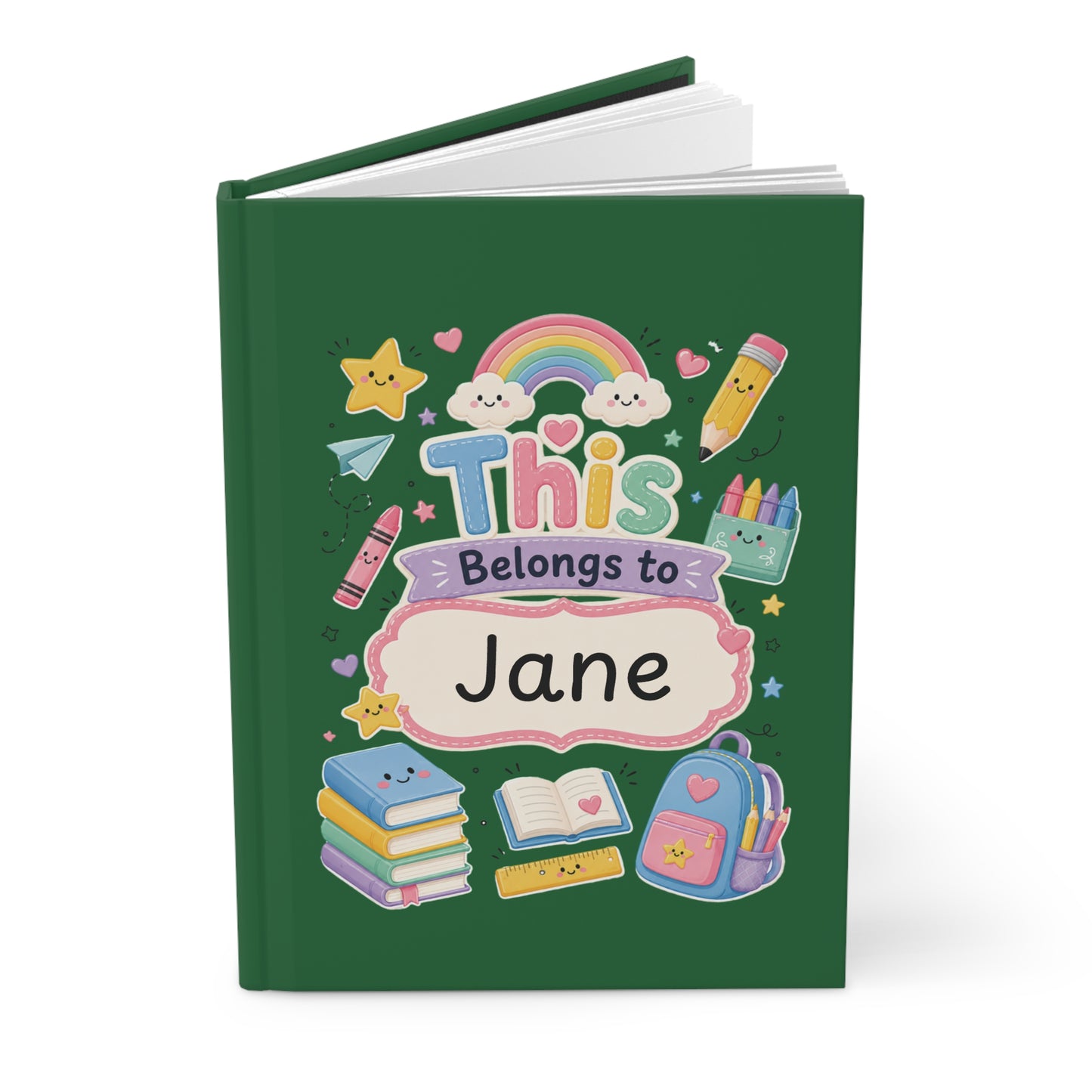 Personalized Kids Green Hardcover Notebook — "This Belongs to [Name]" Cute School Notebook/Back to School