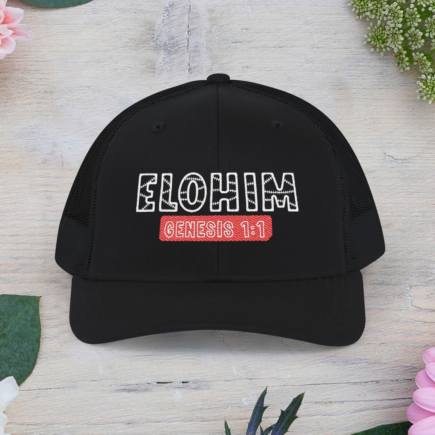 Embroidered  'ELOHIM GENESIS 1:1' Snapback Cap, Faith-Based Trucker Hat, Christian Gifts, Stylish Headwear, Religious Apparel, Perfect for Summer