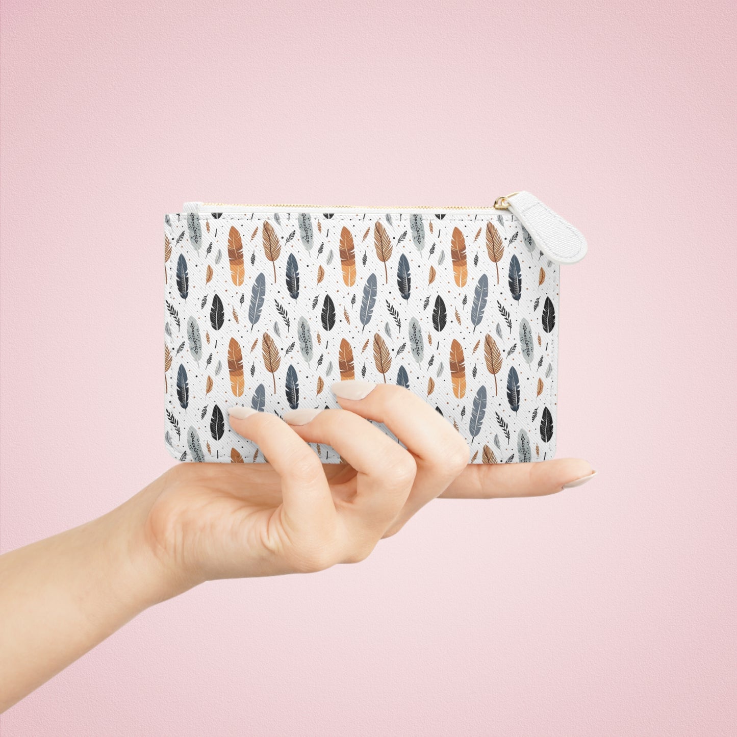 Whispering Feathers Print Mini Clutch Bag, Cute Cosmetic Pouch, Travel Organizer, Gift for Her, Boho Style Clutch, Birthday Gift