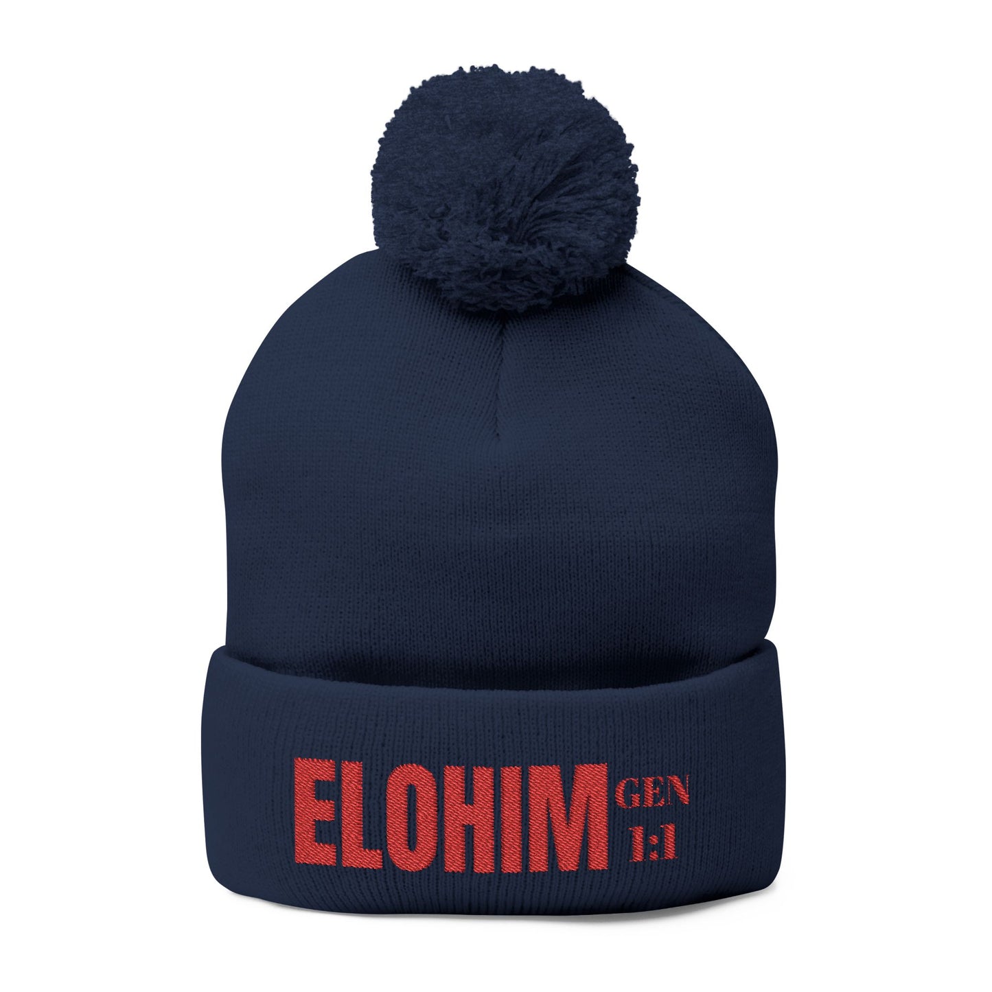 Red Pom-Pom Knit Cap with 'ELOHIM, GENESIS 1:1'  Embroidery Beanie - Stylish Winter Accessory for All Ages, Perfect Gift for Birthdays, Holidays, and Outdoor Activities