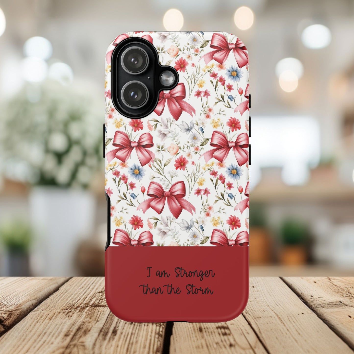 Personalized Rosette Coquette Phone Case - Custom Name/Message 'I Am Stronger Than The Storm' Floral Bow Protective Case