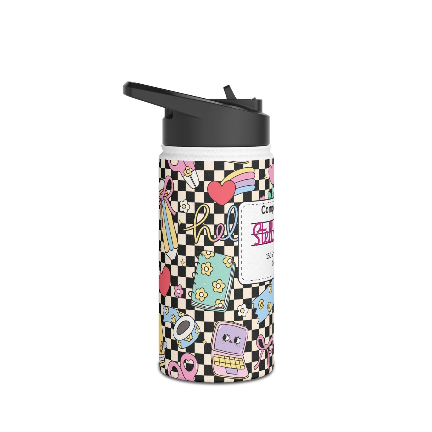 Personalized Black Doodle Daydream Composition Book Inspired Stainless Steel Water Bottle for Kids, School Supplies, Eco-Friendly Drinkware, Back to School, Teacher Gifts