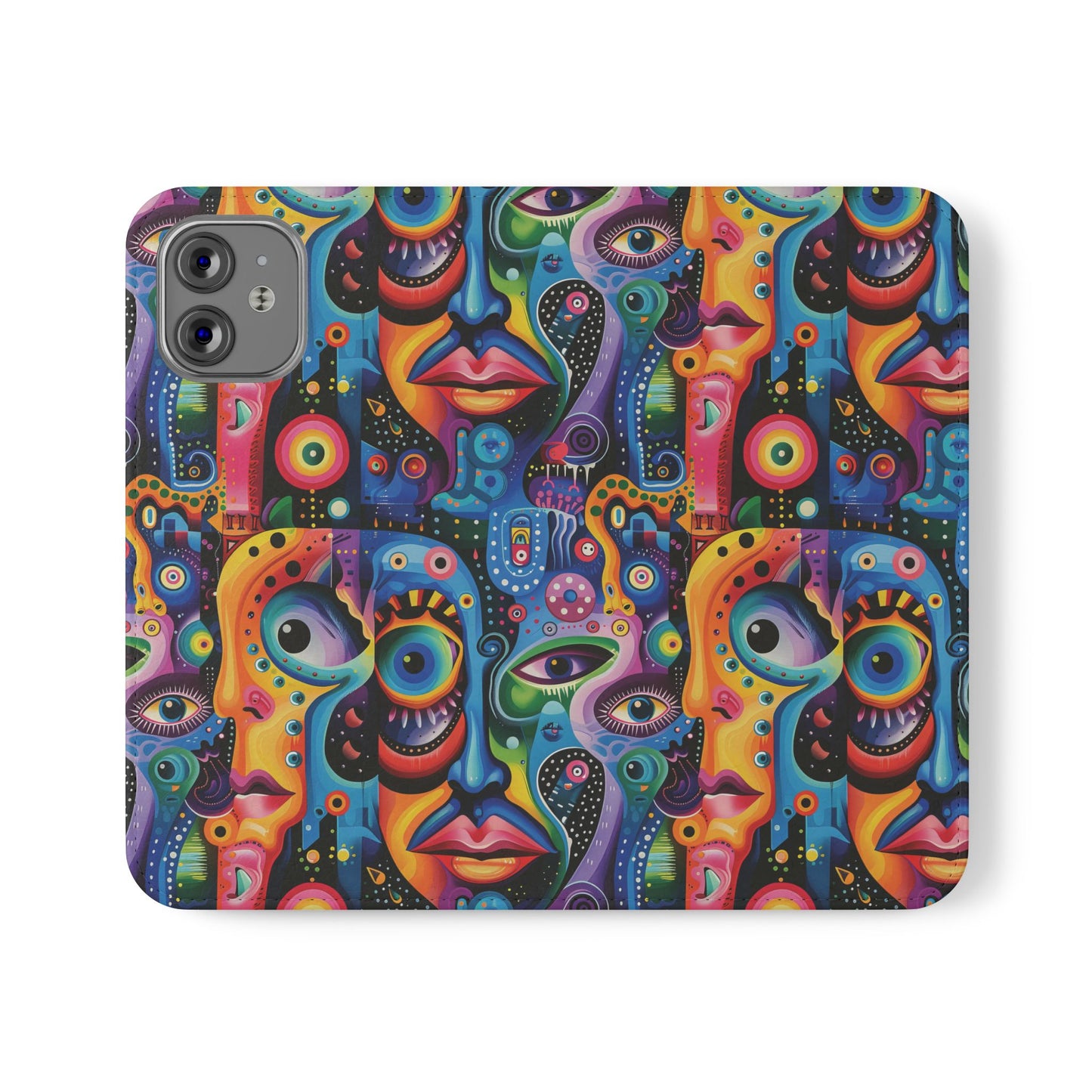 Psychedelic Visions Vibrant Art Flip iPhone and Samsung Phone Case - Colorful Faces Design for Phone Protection