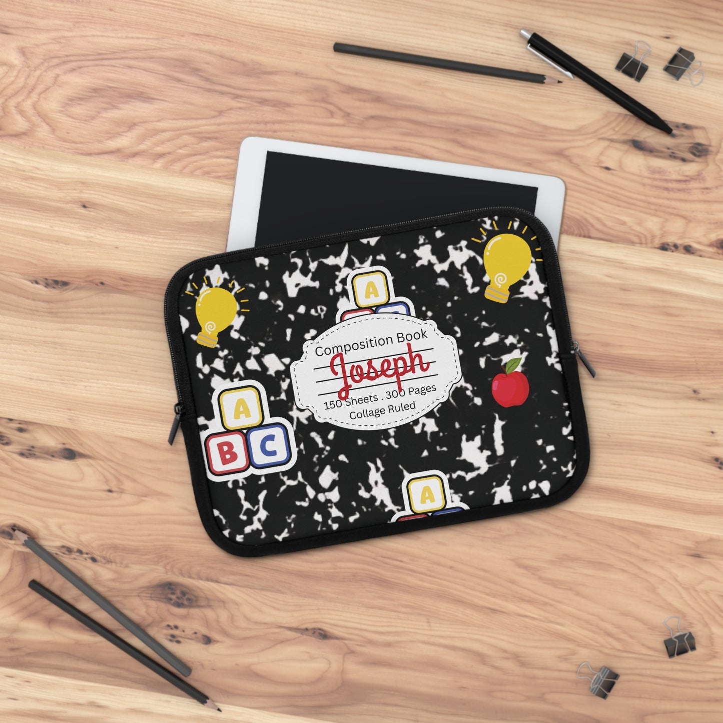 Personalized Laptop Sleeve with Black Composition Book Inspired Design, Customizable Tech Case, School Supplies, Gift for Students, College Essentials, Back to School