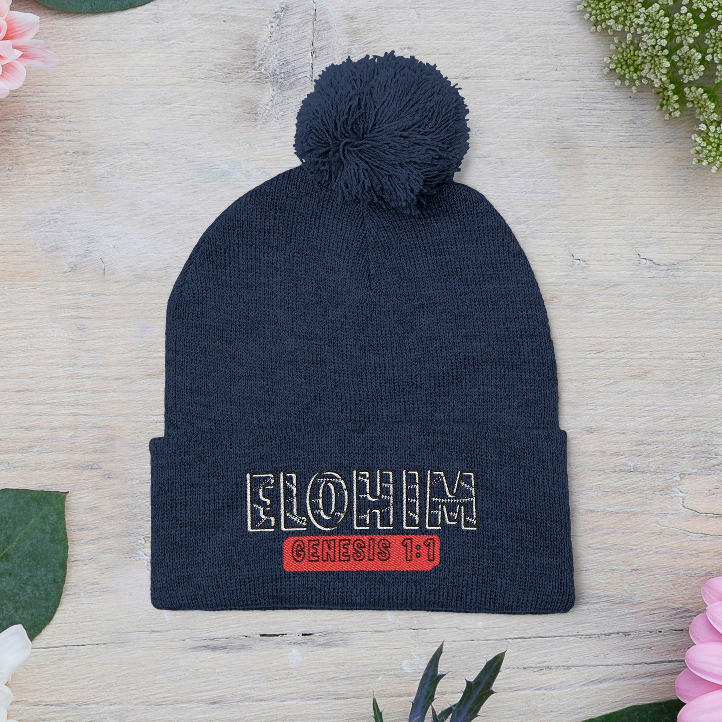 Cozy Pom-Pom Knit Cap with 'ELOHIM, GENESIS 1:1'  Embroidery Beanie - Stylish Winter Accessory for All Ages, Perfect Gift for Birthdays, Holidays, and Outdoor Activities