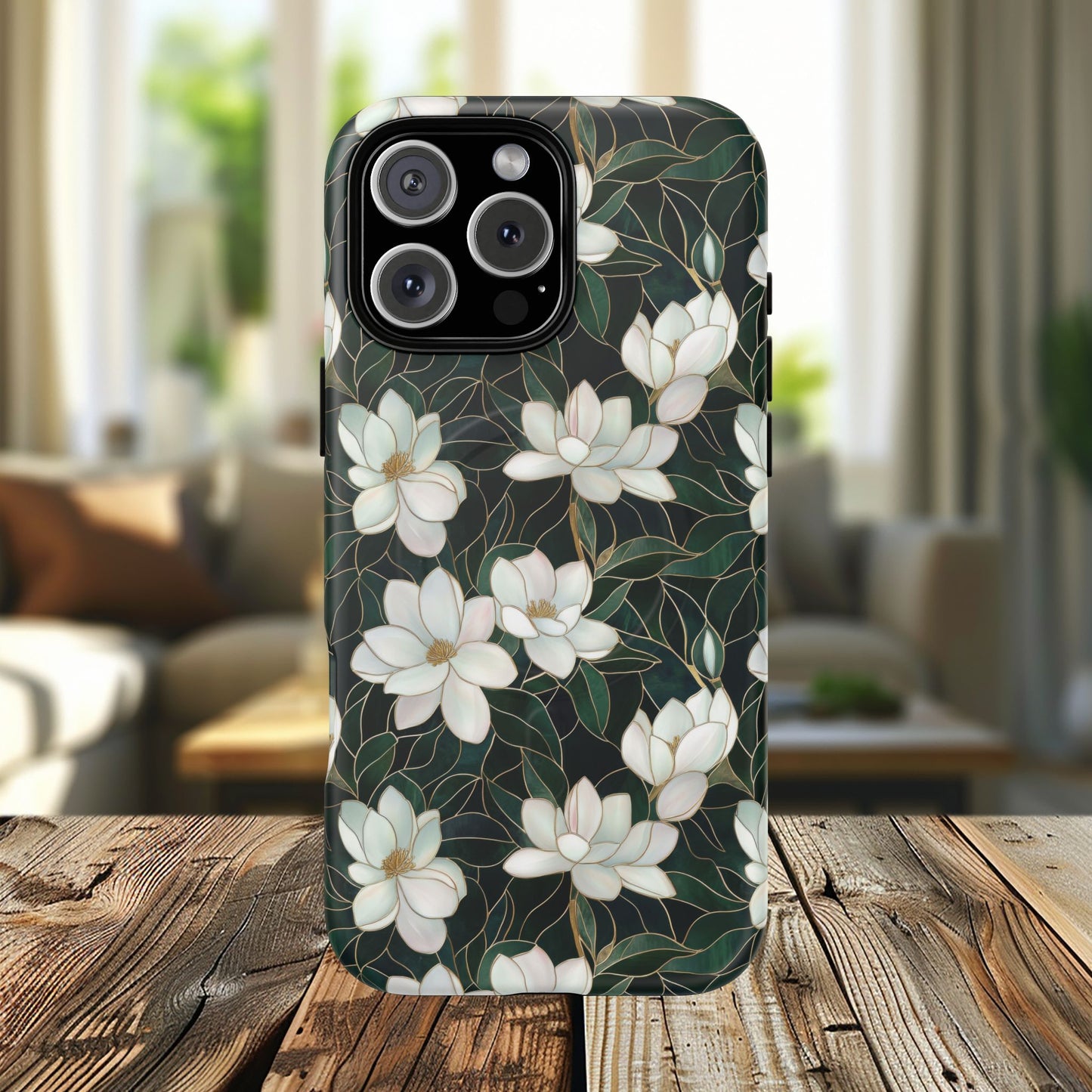 Midnight Magnolia Tough iPhone Magnetic Case, Stylish Stained Glass iPhone Protection, Nature Lover Gift, Spring Vibes