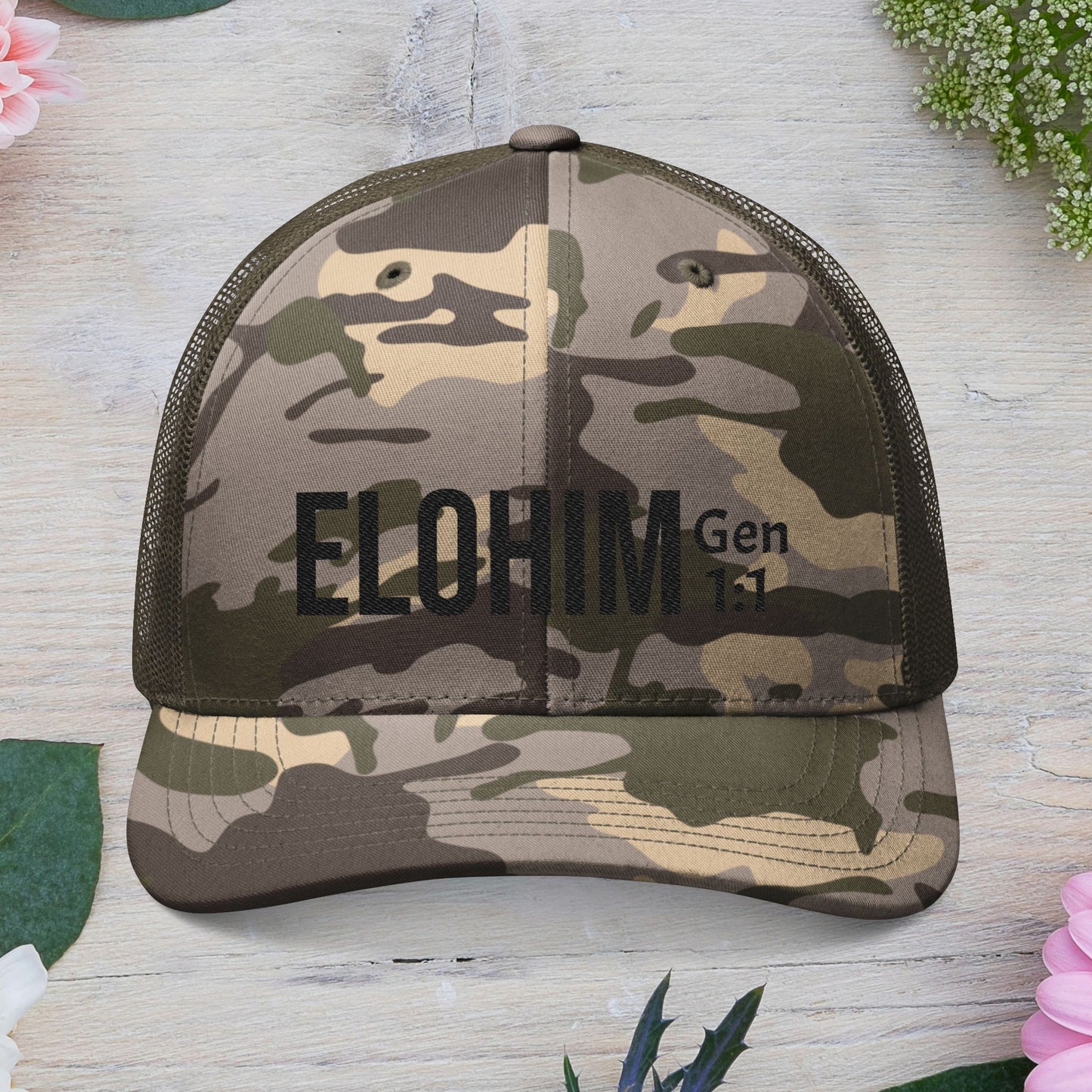 Black Camouflage Embroidered Trucker Hat with 'ELOHIM, GENESIS 1:1', Casual Style Hat, Adjustable, Unisex, Perfect Gift for Outdoors, Festivals, Daily Wear.