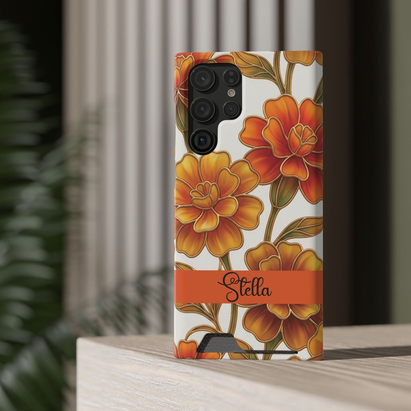 Personalized Orange Stained Glass Effect Marigold Floral Cardholder iPhone and Samsung Case