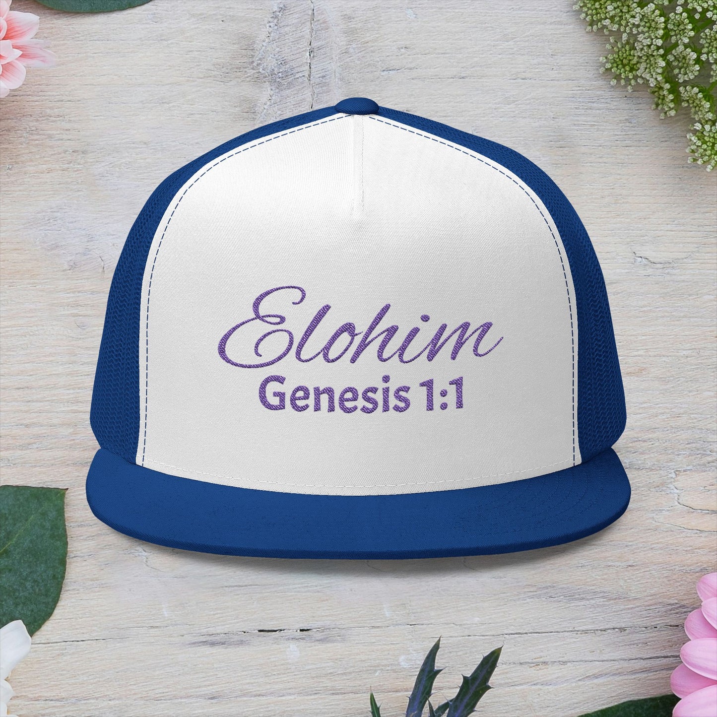 Purple 'ELOHIM, GENESIS 1:1'  Embroidered 5 Panel Trucker Cap | Casual Style Hat, Adjustable, Unisex, Perfect Gift for Outdoors, Festivals, Daily Wear