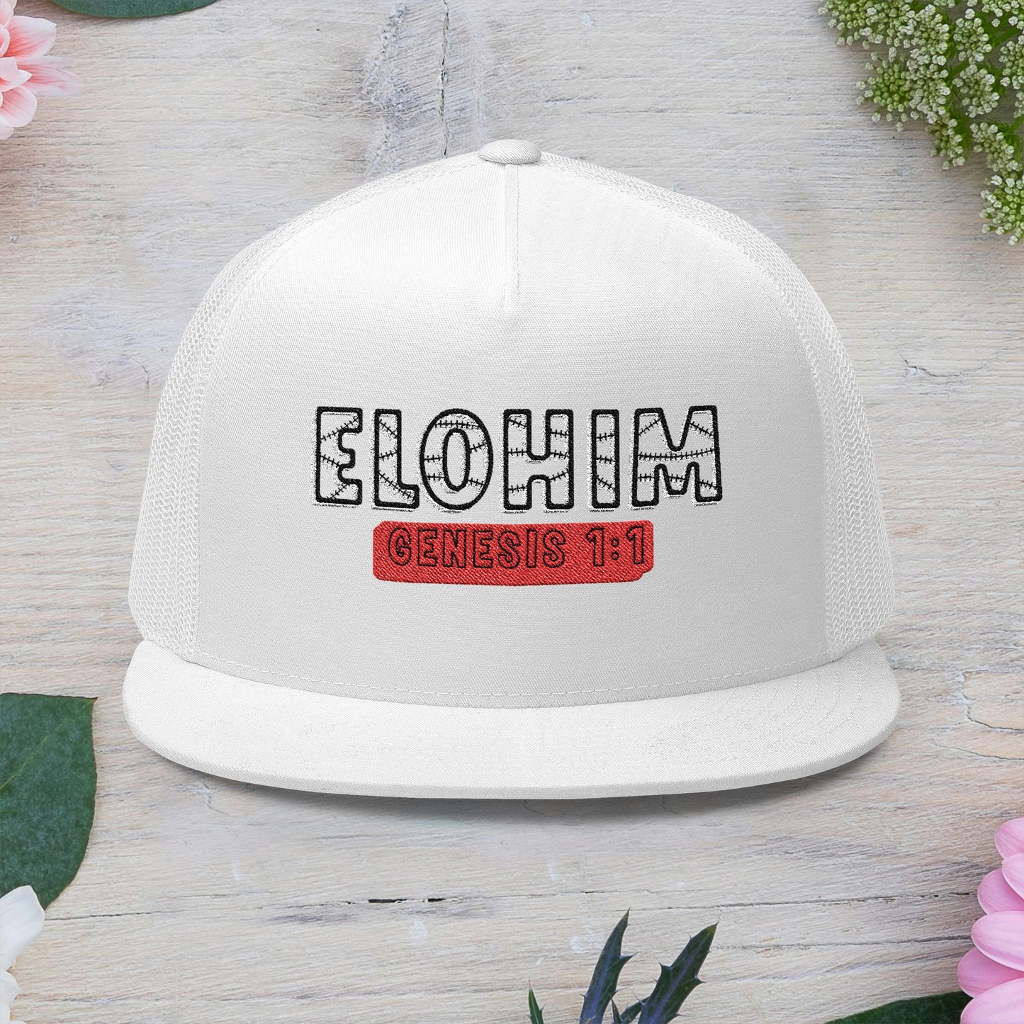 'ELOHIM, GENESIS 1:1'  Embroidered 5 Panel Trucker Cap | Casual Style Hat, Adjustable, Unisex, Perfect Gift for Outdoors, Festivals, Daily Wear