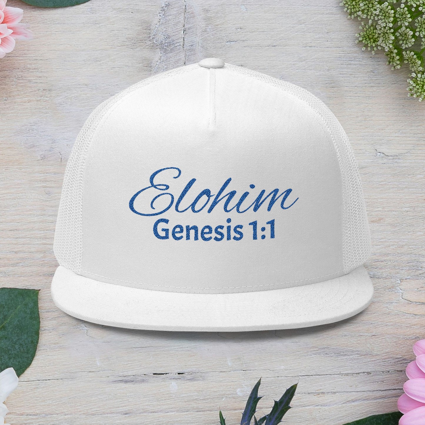 Navy 'ELOHIM, GENESIS 1:1'  Embroidered 5 Panel Trucker Cap | Casual Style Hat, Adjustable, Unisex, Perfect Gift for Outdoors, Festivals, Daily Wear