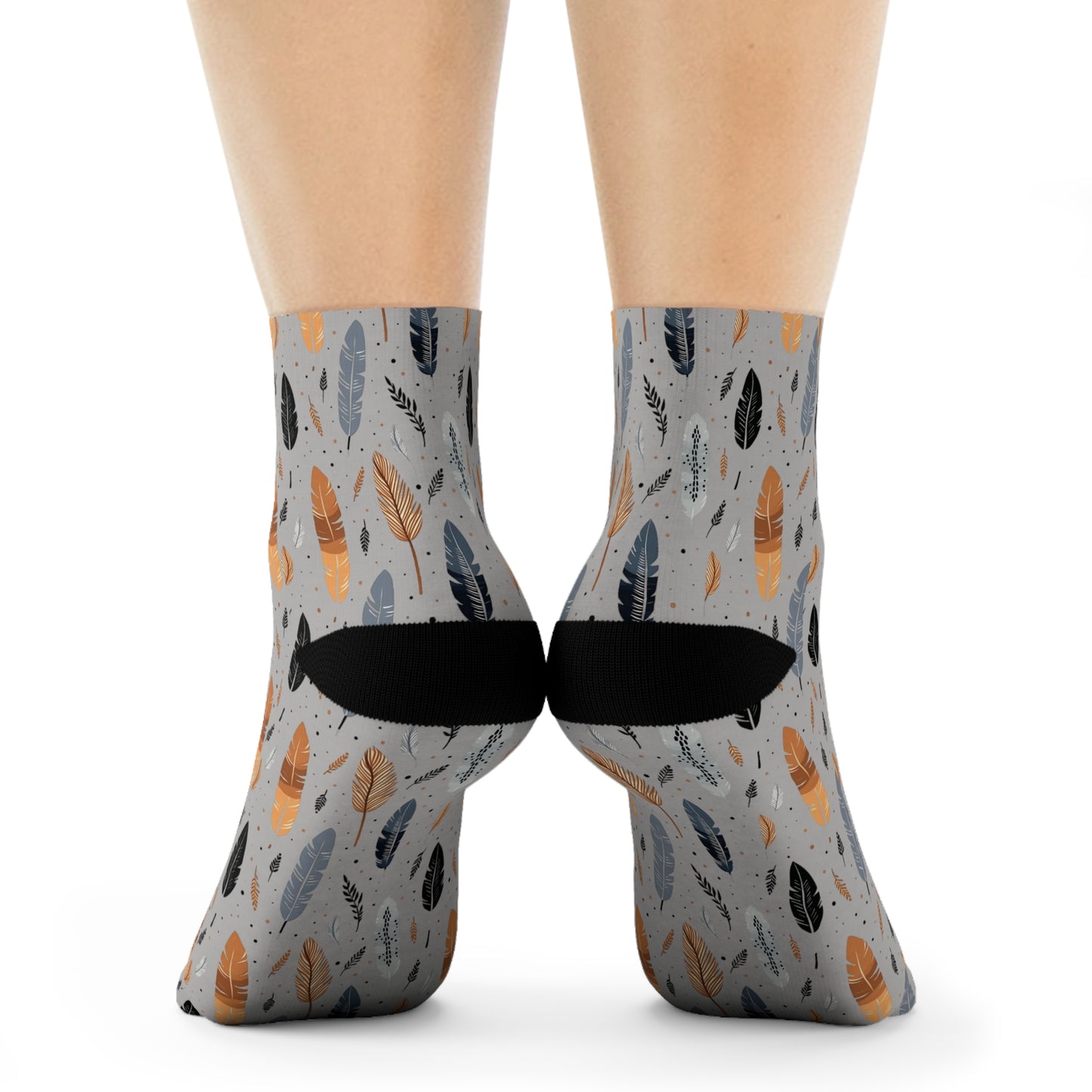 Whispering Feathers Grey Crew Socks - Soft & Elastic Polyester/Spandex Blend - One Size Fits All