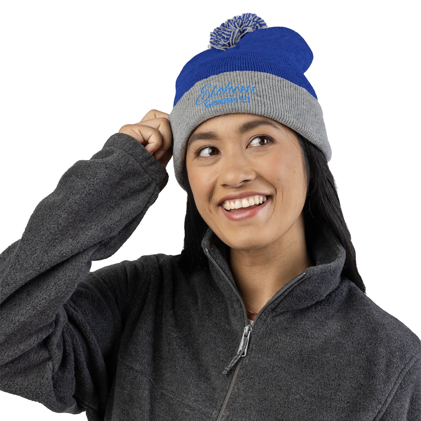 Pom-Pom Knit Cap with 'ELOHIM, GENESIS 1:1'  Embroidery Beanie - Stylish Winter Accessory for All Ages, Perfect Gift for Birthdays, Holidays, and Outdoor Activities