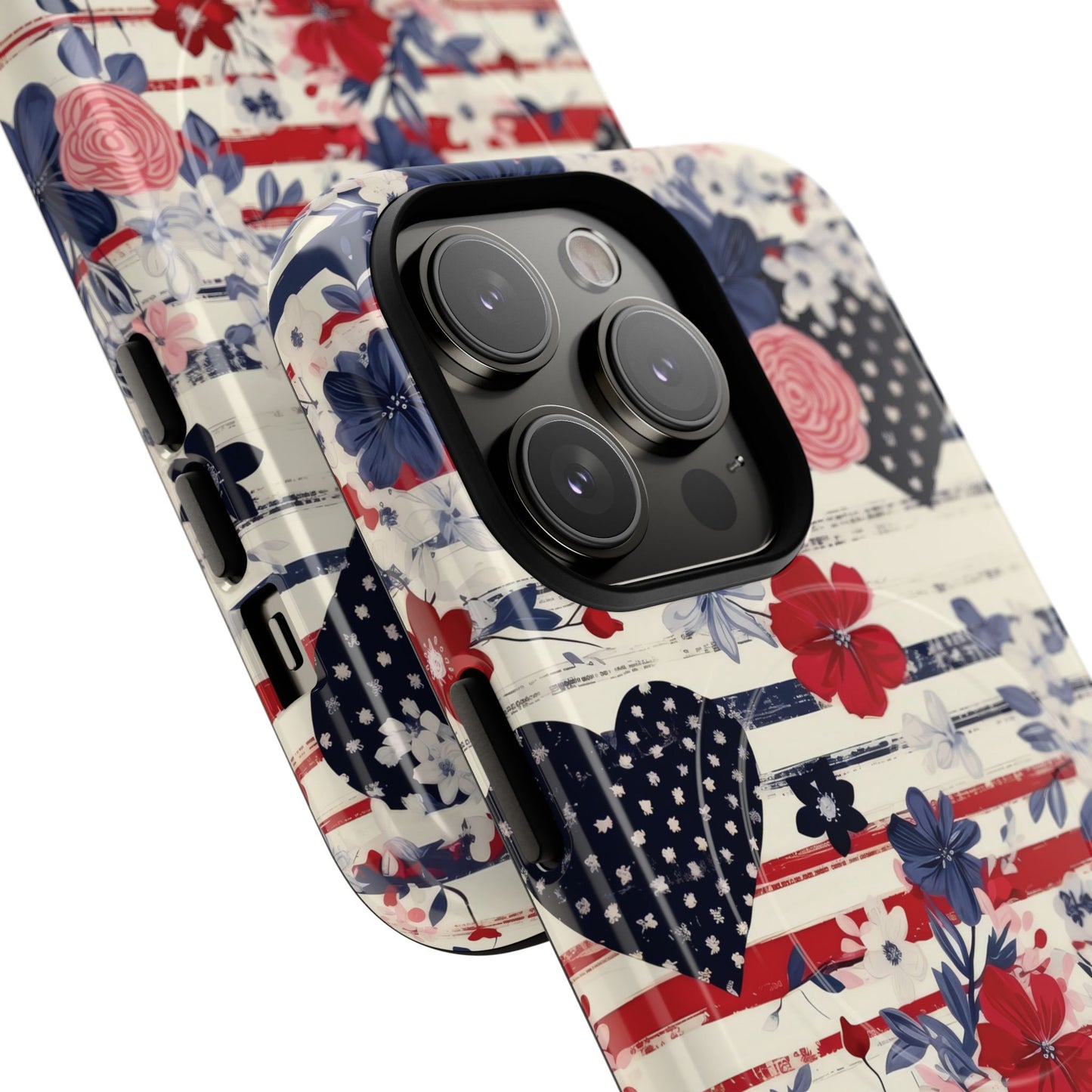 Patriotic Floral Phone Case, Tough Magnetic Cases, American Flag Design, Gift for Her, Independence Day Accessories