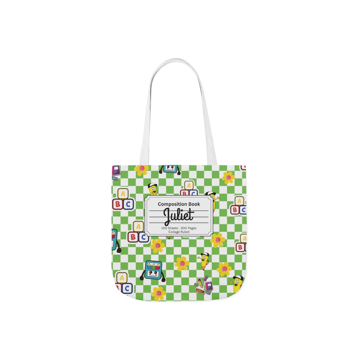 Personalized Green Schoolyard Chic Composition Book Inspired Canvas Tote Bag with Colorful Straps, Cute School Bag, Eco-Friendly Tote, Back to School Shopping Bag, Teacher Gift Idea