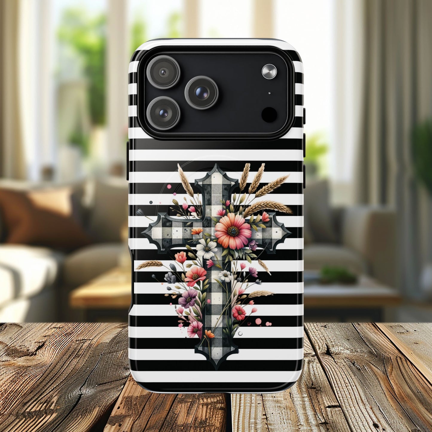 Grace in Bloom Tough Magnetic iPhone Case with Floral Cross Design, Boho iPhone Cover, Striped iPhone Case, Unique Religious Gift, Trendy Cell iPhone Accessory.