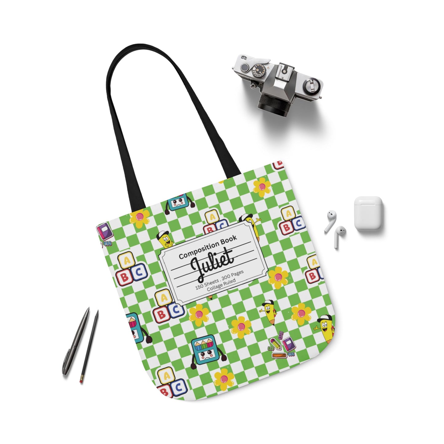 Personalized Green Schoolyard Chic Composition Book Inspired Canvas Tote Bag with Colorful Straps, Cute School Bag, Eco-Friendly Tote, Back to School Shopping Bag, Teacher Gift Idea