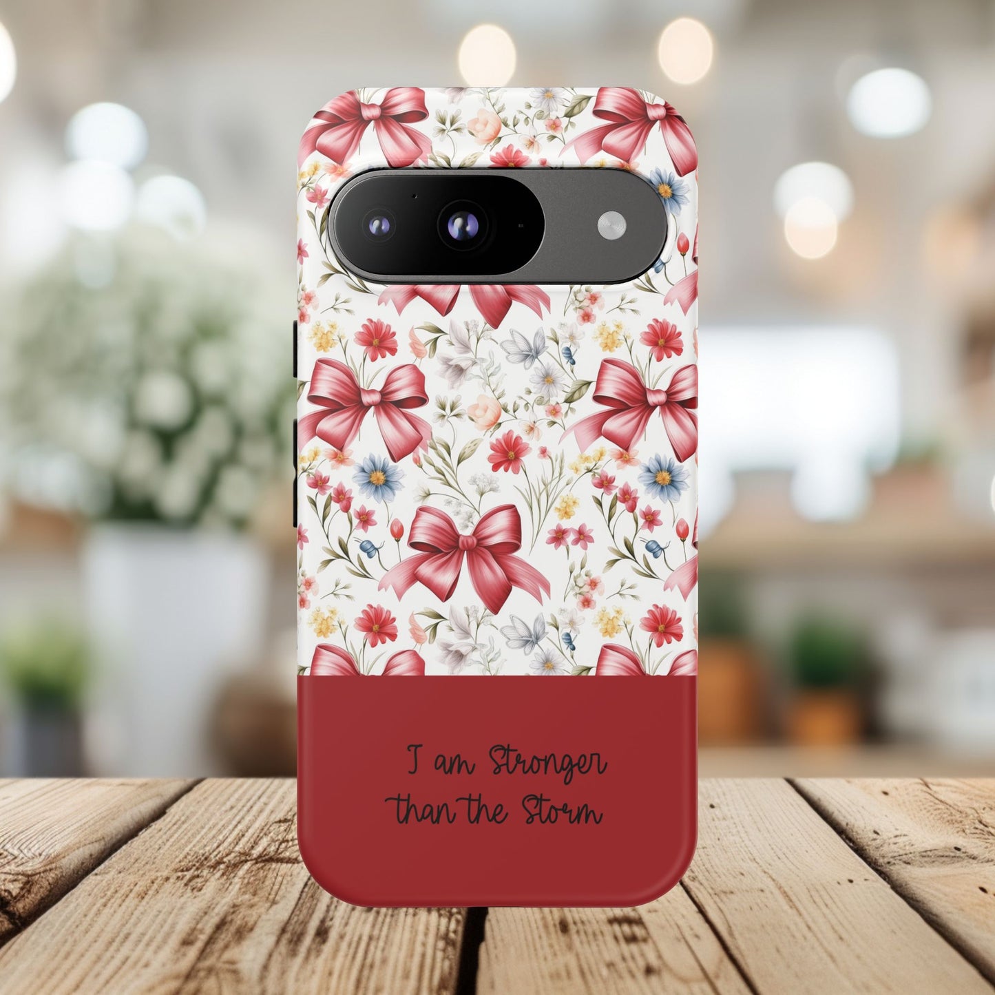 Personalized Rosette Coquette Phone Case - Custom Name/Message 'I Am Stronger Than The Storm' Floral Bow Protective Case