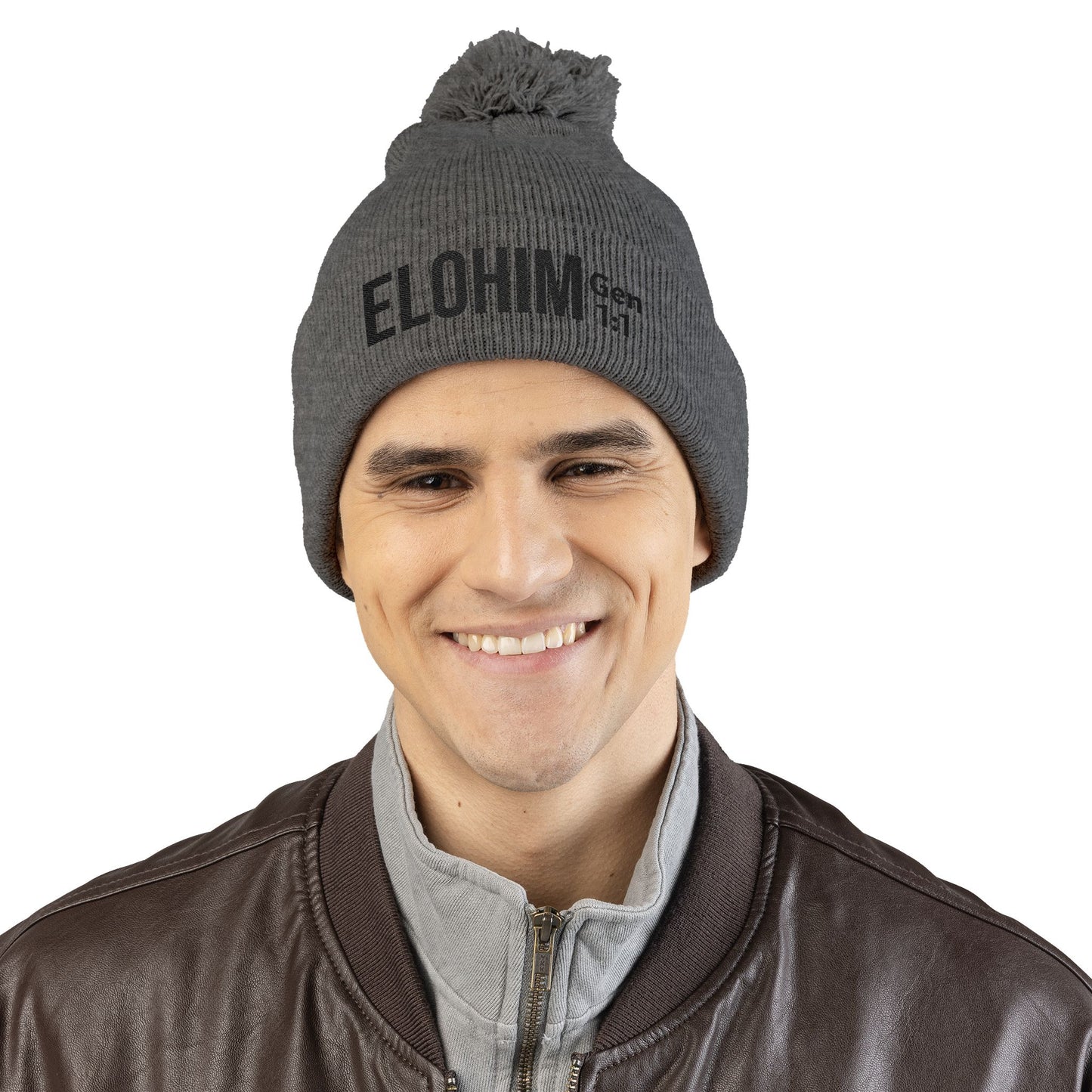 Cozy Pom-Pom Knit Cap with 'ELOHIM, GENESIS 1:1'  Embroidery Beanie - Stylish Winter Accessory for All Ages, Perfect Gift for Birthdays, Holidays, and Outdoor Activities