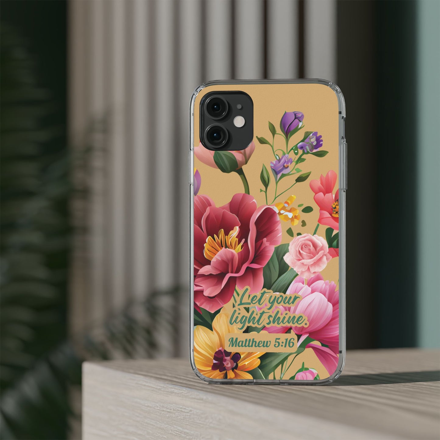 Clear Floral Bible Verse Phone Case — "Let Your Light Shine" (Matthew 5:16) for iPhone and Samsung Cases.
