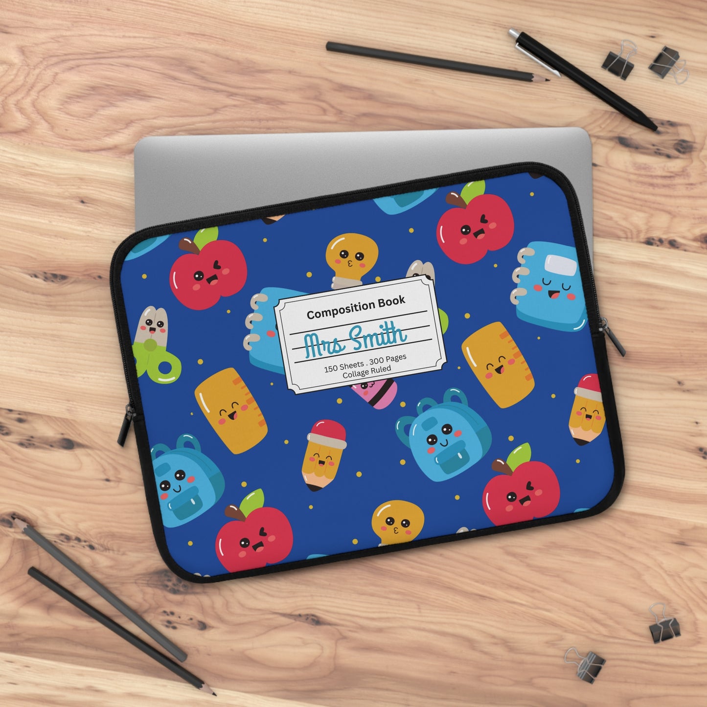 Personalized Blue Kawaii Laptop Sleeve with Composition Book Inspired Design, Customizable Tech Case, School Supplies, Gift for Students, College Essentials, Back to School