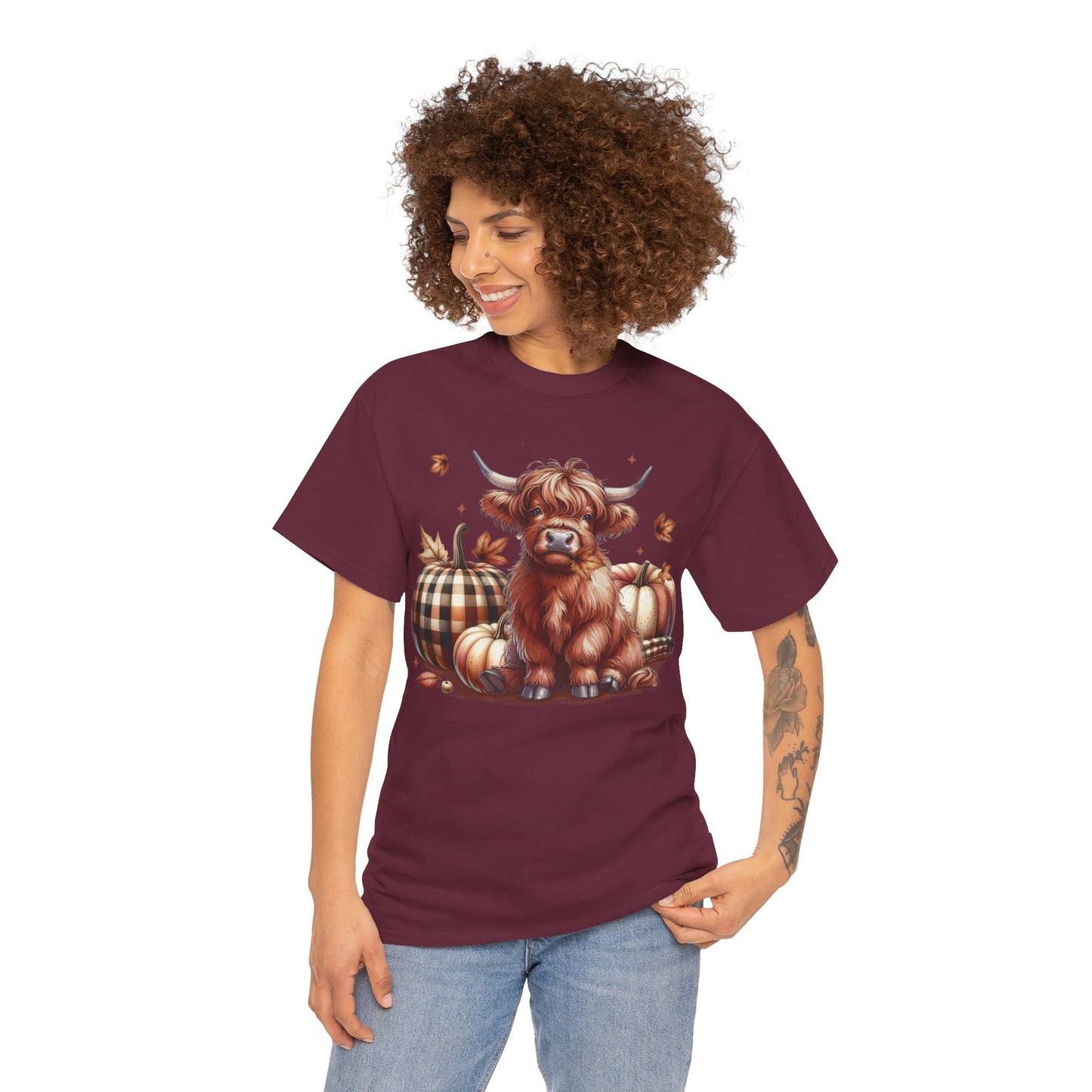 Autumn Highland Cow Charm Unisex Heavy Cotton Tee