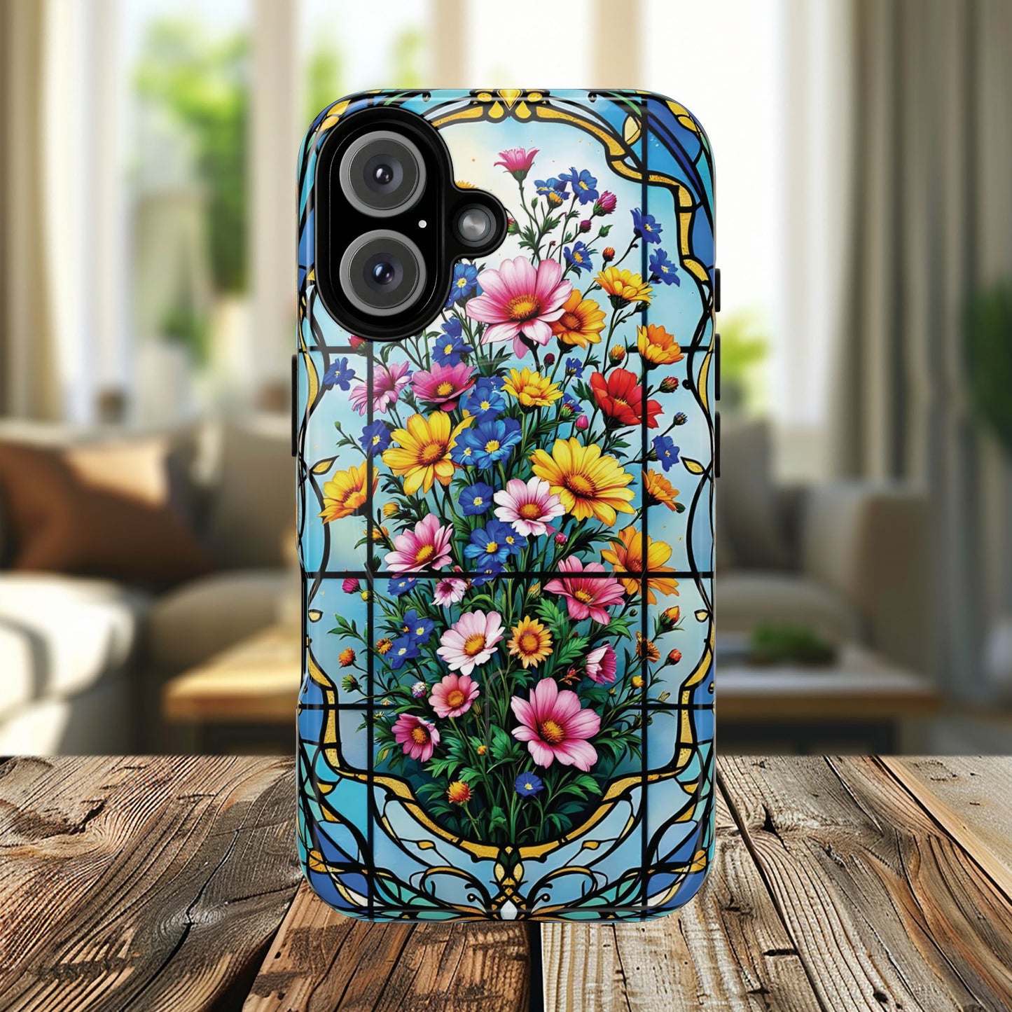 Floral Stained Glass Tough Magnetic Case, Durable Phone Cover, Gift for Nature Lovers, Unique Floral Design, Phone Accessories for All Occasions.