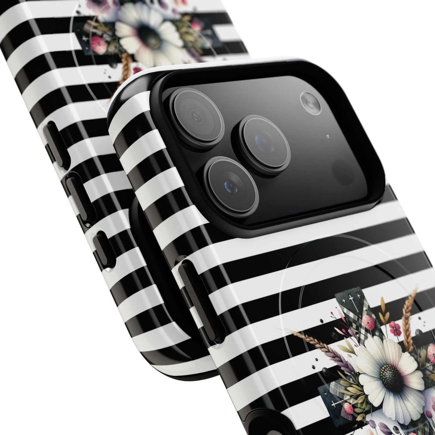 Faith in Bloom Tough iPhone Magnetic Case, iPhone Accessories, Floral iPhone Cover, Durable Cases for Gifts, Black and White Stripes