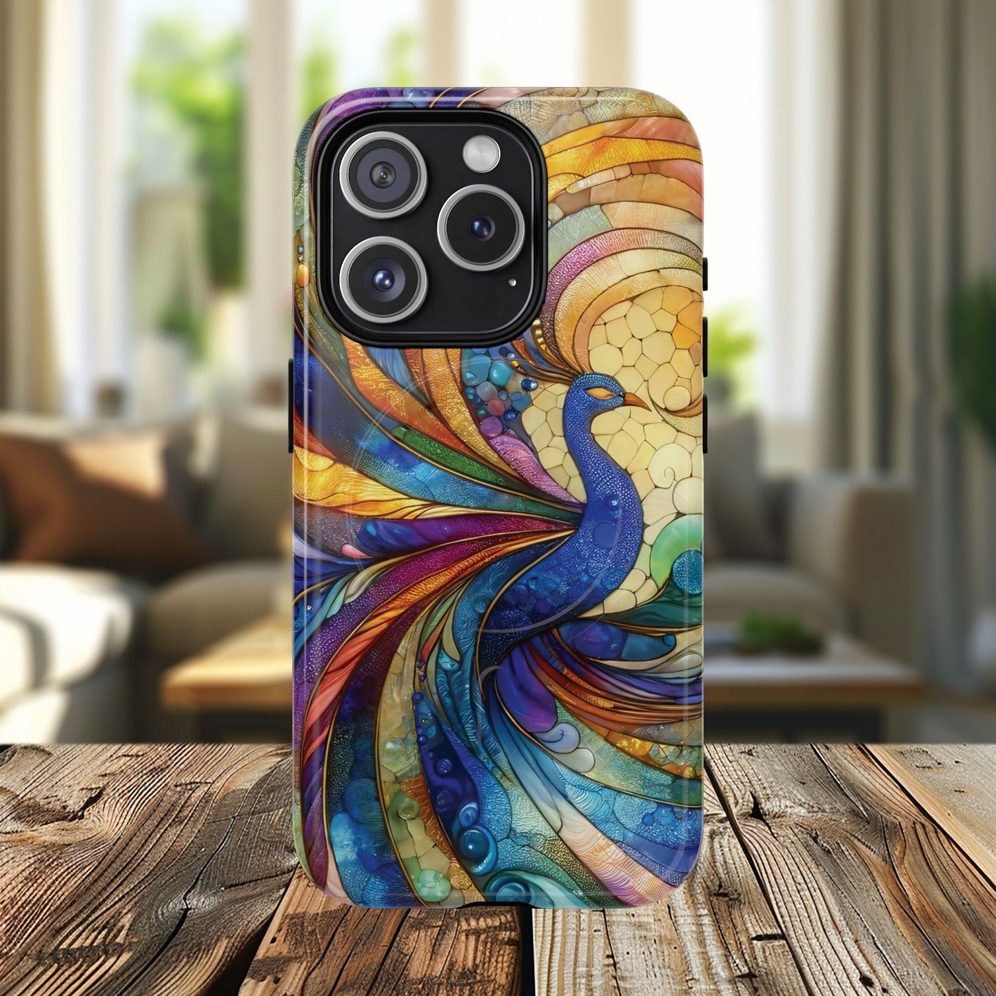 Mosaic Peacock Feathers Magnetic Phone Case, Tough Phone Shell, Vibrant Art Case, Gift for Her, Unique Phone Accessory, Wildlife Lover's Gift, Stained Glass Case.