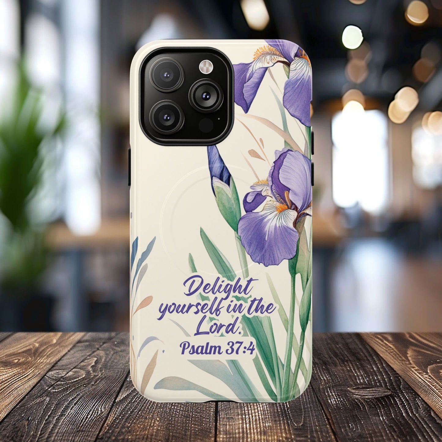 Delight yourself in the Lord Psalm 37:4, Inspirational Gift, iPhone Magnetic Case Scripture, Floral Bible Verse, MagSafe® iPhone® Tough Case, iPhone 14, iPhone 15, iPhone 16, Pro, Pro Max, Plus.