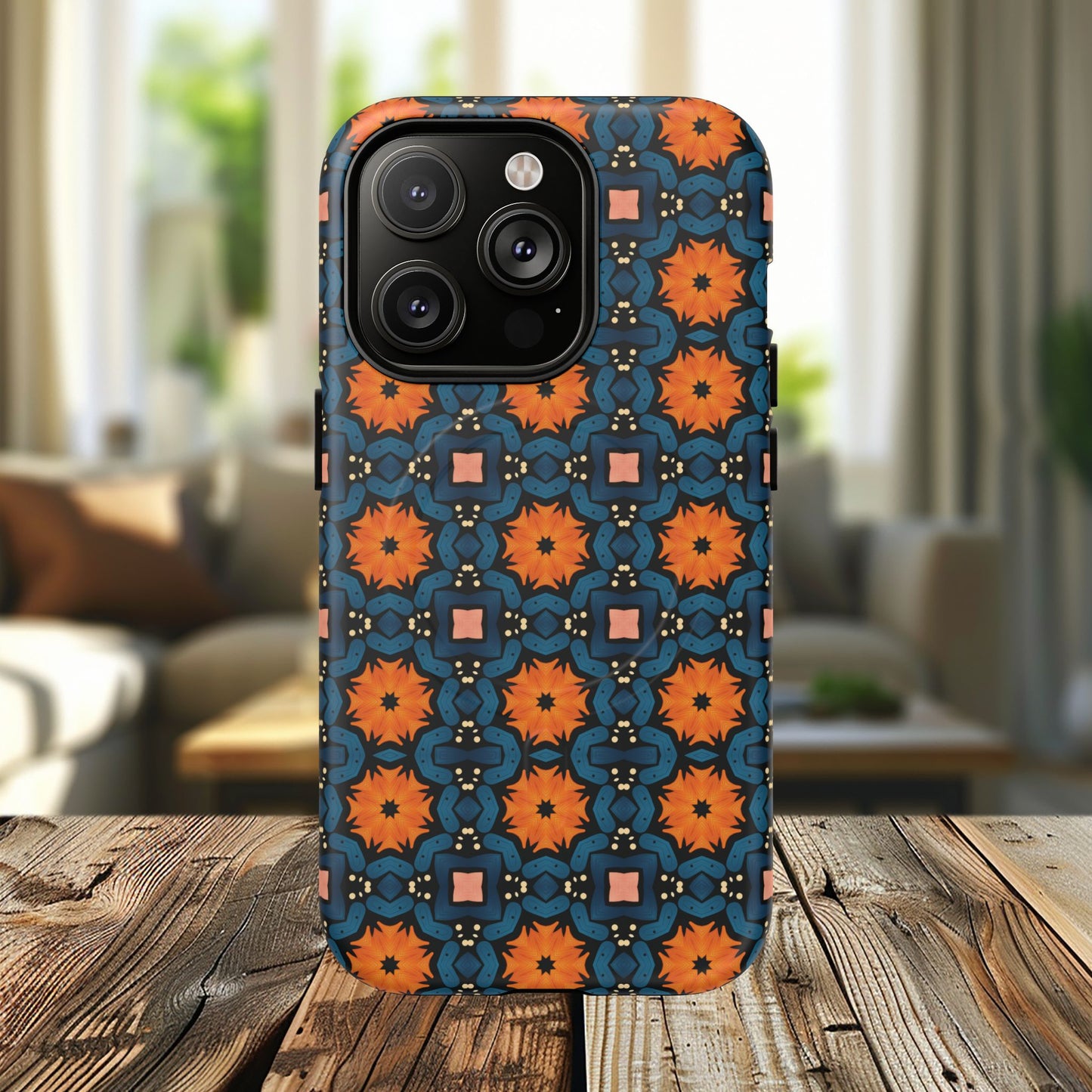 Saffron Tile Bloom Vibrant Floral Tough Magnetic iPhone Case, Durable iPhone Cover, Gift for Her, Floral Design, Unique iPhone Protection.